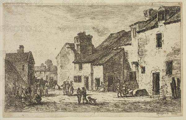 Nicolas Perignon, French, 1726-1782, Village Street, 18th century, etching printed in ink on laid paper, Sheet (trimmed within plate mark): 4 3/8 × 7 inches (11.1 × 17.8 cm)