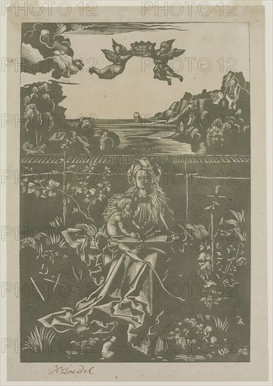 Heinrich Lodel, German, 1798-1861, after Hans Ulrich Wechtlin, The Virgin Sitting in a Garden, 19th century, woodcut printed in black ink on china paper, Image: 10 1/2 × 7 1/8 inches (26.7 × 18.1 cm)