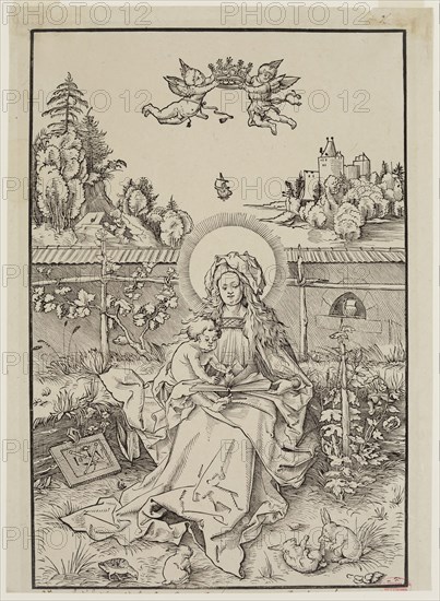 Heinrich Lodel, German, 1798-1861, after Hans Ulrich Wechtlin, The Virgin Sitting in a Garden, 19th century, woodcut printed in gray ink on china paper, Image: 10 3/8 × 7 1/8 inches (26.4 × 18.1 cm)