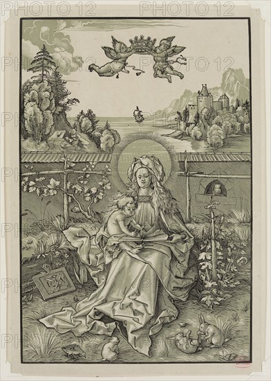 Heinrich Lodel, German, 1798-1861, after Hans Ulrich Wechtlin, The Virgin Sitting in a Garden, 19th century, chiaroscuro woodcut printed in black and green ink on chine-collé, Image: 10 1/2 × 7 1/8 inches (26.7 × 18.1 cm)
