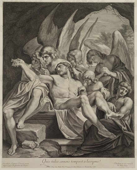 Nicolas, The Elder Pitau, French, 1632-1671, after Lodovico Carracci, Italian, 1555-1619, The Entombing of Christ by Angels, 1668, Engraving printed in black laid paper, sheet trimmed within plate mark: