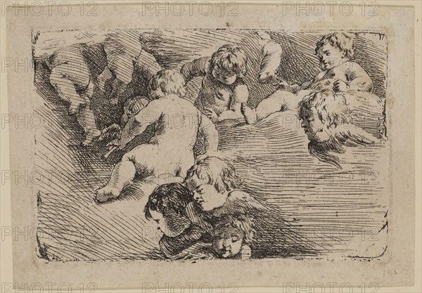 Jan de Bisschop, Dutch, 1628-1671, after Cornelis van Poelenburgh, Dutch, 1594/95 - 1667, Four Genii in Clouds, 17th century, etching printed in black ink on laid paper, Plate: 2 7/8 × 4 3/8 inches (7.3 × 11.1 cm)