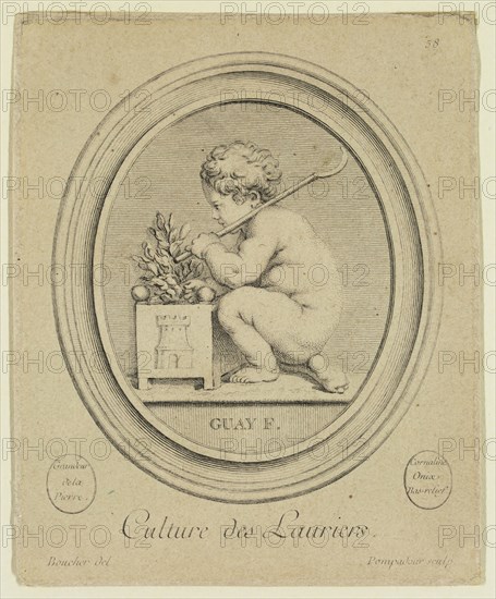 Jeanne Antoinette Pompadour, French, 1721-1764, after François Boucher, French, 1703-1770, after Jacques Guay, French, 1711-1793, Culture des lauriers, ca. 1757, etching and engraving printed in black ink on laid paper, Plate: 5 3/8 × 4 3/8 inches (13.7 × 11.1 cm)