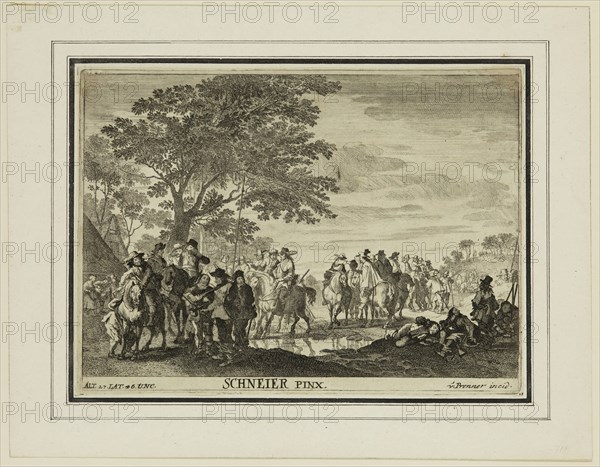 Anton Joseph von Prenner, German, 1683-1761, Halt of Cavalry, between early 18th and mid-18th century, etching printed in black ink on laid paper, Plate: 6 1/2 × 8 7/8 inches (16.5 × 22.5 cm)