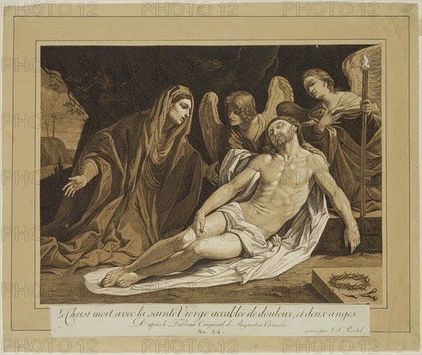 Johann Gottlieb Prestel, German, 1739-1808, after Agostino Carracci, Italian, 1557-1602, Dead Christ with the Holy Virgin and Two Angels, between mid-18th and early 19th century, etching and aquatint printed in brown ink on paper glued or taped to a supporting sheet, Image: 8 5/8 × 11 1/4 inches (21.9 × 28.6 cm)