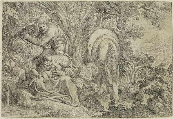 Camillo Procaccini, Italian, 1551-1629, Rest on the Flight into Egypt, between 16th and 17th century, etching printed in black ink on laid paper, Sheet (trimmed within plate mark): 6 3/4 × 10 inches (17.1 × 25.4 cm)