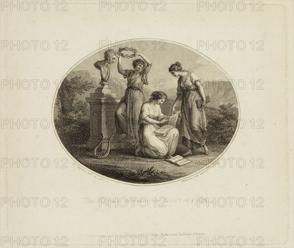 Francesco Bartolozzi, Italian, 1727-1815, Peltro William Tomkins, English, 1760-1840, after Angelica Kauffmann, Swiss, 1741-1807, Muses Crowning the Bust of Pope, ca. 1783, stipple engraving printed in black ink on laid paper, Plate: 6 3/8 × 7 1/2 inches (16.2 × 19.1 cm)
