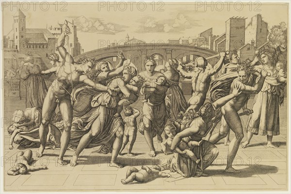 Unknown (Italian), after Marcantonio Raimondi, Italian, 1487-1534, after Raphael, Italian, 1483-1520, Massacre of the Innocents, 19th century, engraving printed in black ink on laid paper, Image: 11 1/8 × 16 7/8 inches (28.3 × 42.9 cm)