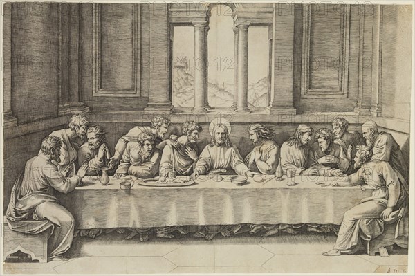 Marcantonio Raimondi, Italian, 1487-1534, after Raphael, Italian, 1483-1520, Last Supper, between 1515 and 1516, engraving printed in black ink on laid paper, Sheet (trimmed within plate mark): 11 3/8 × 17 1/8 inches (28.9 × 43.5 cm)