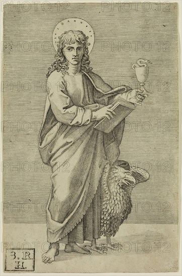 Marcantonio Raimondi, Italian, 1487-1534, after Raphael, Italian, 1483-1520, Saint John the Evangelist, between 1487 and 1534, engraving printed in black ink on laid paper, Sheet (trimmed within plate mark): 8 1/8 × 5 1/4 inches (20.6 × 13.3 cm)