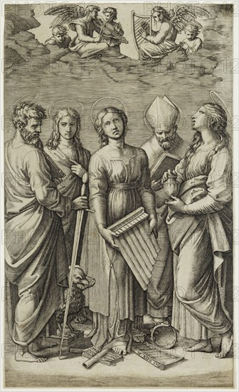 Marcantonio Raimondi, Italian, 1487-1534, after Raphael, Italian, 1483-1520, Saint Cecilia with Mary Magdalene, Saint Paul, Saint John and Saint Augustine, 1515 or 1516, engraving printed in black ink on laid paper, Sheet (trimmed within plate mark): 10 3/8 × 6 1/8 inches (26.4 × 15.6 cm)
