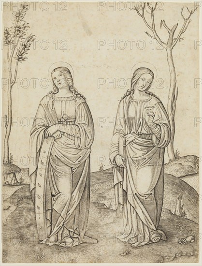 Anonymous Artist, Saint Catherine and Saint Lucie, 16th century, engraving printed in black ink on laid paper, Sheet (trimmed within plate mark): 10 7/8 × 8 1/8 inches (27.6 × 20.6 cm)
