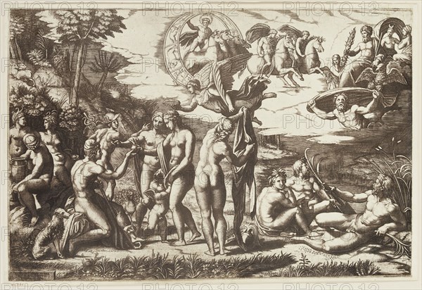 Marcantonio Raimondi, Italian, 1487-1534, Judgment of Paris, 16th century, reproduction, Sheet: 9 9/16 × 14 7/16 inches (24.3 × 36.7 cm)