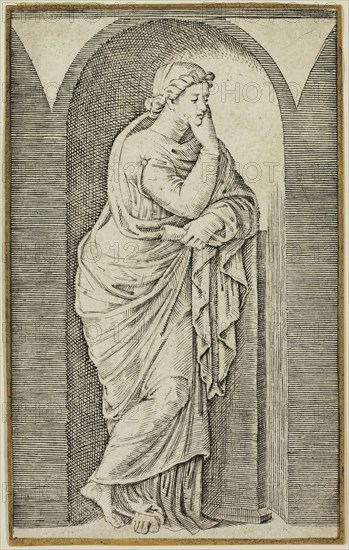 Marcantonio Raimondi, Italian, 1487-1534, after Raphael, Italian, 1483-1520, One of the Nine Muses, between 1487 and 1534, engraving printed in black ink on laid paper, Sheet (trimmed within plate mark): 5 1/8 × 3 1/8 inches (13 × 7.9 cm)