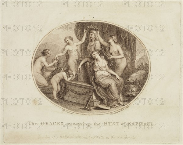 Francesco Bartolozzi, Italian, 1727-1815, after Giovanni Battista Cipriani, Italian, 1727-1785, Graces Crowning the Bust of Raphael, ca. 1787, engraving printed in brown ink on laid paper, Plate: 6 × 7 1/2 inches (15.2 × 19.1 cm)