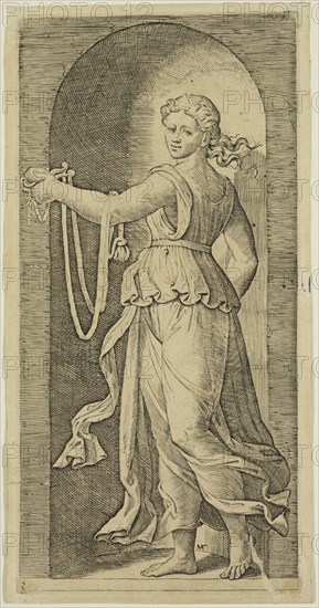 Marcantonio Raimondi, Italian, 1487-1534, after Raphael, Italian, 1483-1520, Temperance, between 1487 and 1534, Engraving printed in black ink on wove paper, Plate: 8 3/4 × 4 1/4 inches (22.2 × 10.8 cm)