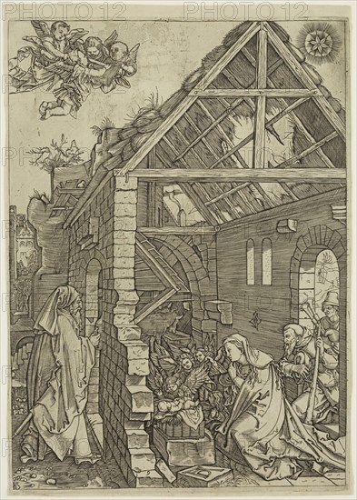 Marcantonio Raimondi, Italian, 1487-1534, after Albrecht Dürer, German, 1471-1528, Nativity, 16th century, engraving printed in black ink on laid paper, Plate: 11 1/2 × 8 1/4 inches (29.2 × 21 cm)