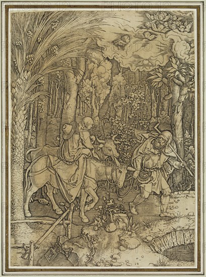 Marcantonio Raimondi, Italian, 1487-1534, after Albrecht Dürer, German, 1471-1528, Flight into Egypt, 16th century, engraving printed in black ink on laid paper, Sheet (trimmed within plate mark): 11 3/8 × 8 1/8 inches (28.9 × 20.6 cm)