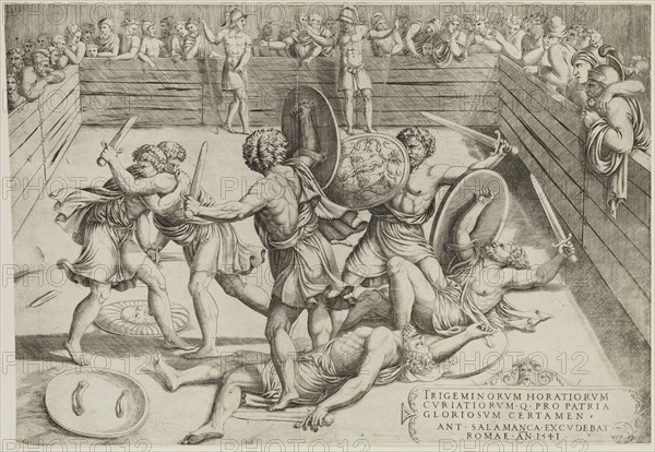 manner of Marcantonio Raimondi, Italian, 1487-1534, after Giulio Romano, Italian, 1499-1546, Combat of the Horatii and the Curiatii, 1541, engraving printed in black ink on laid paper, Sheet (trimmed within plate mark): 11 × 16 inches (27.9 × 40.6 cm)