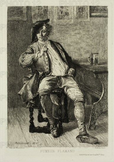Paul Adolphe Rajon, French, 1842-1888, after Jean Louis Ernest Meissonier, French, 1815-1891, Le fumeur flamand, 1872, etching printed in black ink on wove paper, Plate: 6 1/4 × 4 3/8 inches (15.9 × 11.1 cm)
