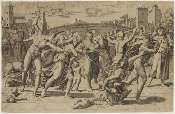 Marcantonio Raimondi, Italian, 1487-1534, after Raphael, Italian, 1483-1520, Massacre of the Innocents, between 1513 and 1515, engraving printed in black ink on laid paper, Sheet (trimmed within plate mark): 10 7/8 × 16 5/8 inches (27.6 × 42.2 cm)