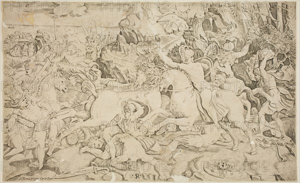 Marco Dente da Ravenna, Italian, 1482-1527, Battle, early 16th century, Engraving printed in black ink on wove paper, Sheet (trimmed within plate mark): 8 7/8 × 14 1/2 inches (22.5 × 36.8 cm)