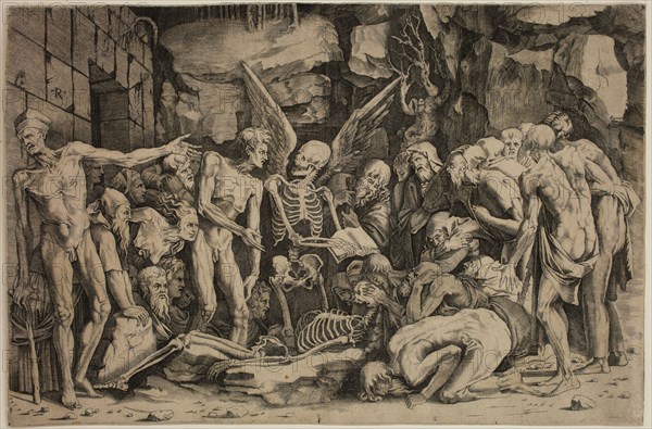 Marco Dente da Ravenna, Italian, 1482-1527, after Bartolommeo Bandinelli, Italian, 1493-1560, Skeletons, early 16th century, engraving printed in black ink on laid paper, Plate: 11 1/4 × 17 1/8 inches (28.6 × 43.5 cm)
