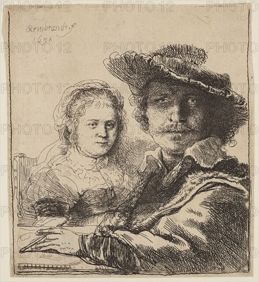 Rembrandt Harmensz van Rijn, Dutch, 1606-1669, Self Portrait with Saskia, 1636, etching printed in black ink on laid paper, Plate: 4 1/8 × 3 3/4 inches (10.5 × 9.5 cm)