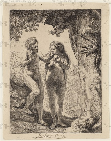 Pierre François Basan, French, 1723-1797, after Rembrandt Harmensz van Rijn, Dutch, 1606-1669, Adam and Eve, between 1723 and 1797, etching printed in black ink on laid paper, Image: 6 × 4 1/2 inches (15.2 × 11.4 cm)
