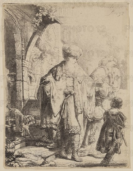 Rembrandt Harmensz van Rijn, Dutch, 1606-1669, Abraham Casting Out Hagar and Ishmael, 1637, etching printed in black ink with an ink wash on laid paper, Sheet (trimmed to platemark): 5 × 3 3/4 inches (12.7 × 9.5 cm)
