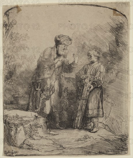Rembrandt Harmensz van Rijn, Dutch, 1606-1669, Abraham and Isaac, 1645, etching printed in black ink on laid paper, Sheet: 6 1/8 × 5 1/8 inches (15.6 × 13 cm)