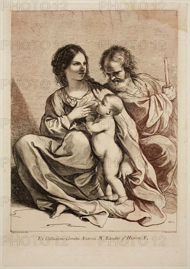 Francesco Bartolozzi, Italian, 1727-1815, after Guercino (Giovanni Francesco Barbieri), Italian, 1591-1666, Holy Virgin, the Infant Jesus, and Saint Joseph, between 1727 and 1815, etching and engraving printed in black and brown ink on laid paper, Plate: 15 3/4 × 11 3/8 inches (40 × 28.9 cm)