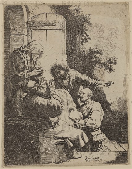 Unknown (Dutch), after Rembrandt Harmensz van Rijn, Dutch, 1606-1669, Joseph's Coat Brought to Jacob, ca. 1633, etching printed in black ink on laid paper, Plate: 4 1/8 × 3 1/4 inches (10.5 × 8.3 cm)