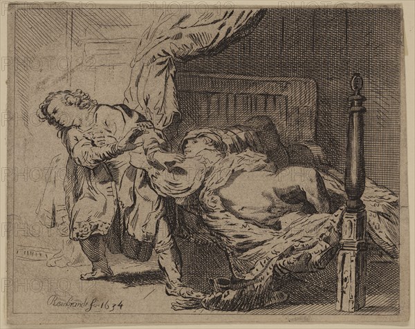 Unknown (Dutch), after Rembrandt Harmensz van Rijn, Dutch, 1606-1669, Joseph and Potiphar's Wife, 1634, etching printed in black ink on laid paper, Sheet (trimmed within plate mark): 3 1/2 × 4 3/8 inches (8.9 × 11.1 cm)