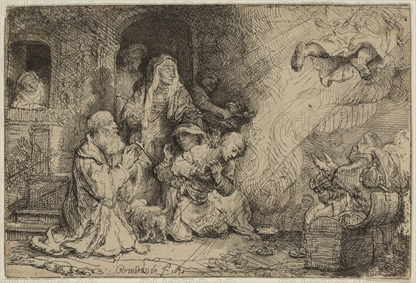 Rembrandt Harmensz van Rijn, Dutch, 1606-1669, Angel Departing from the Family of Tobias, 1641, etching and drypoint printed in black ink on laid paper, Sheet (trimmed within platemark): 4 × 6 inches (10.2 × 15.2 cm)