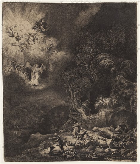 Rembrandt Harmensz van Rijn, Dutch, 1606-1669, Angel Appearing to the Shepherds, 1634, etching, engraving, and drypoint printed in black ink on laid paper, Plate (and sheet): 10 1/4 × 8 5/8 inches (26 × 21.9 cm)