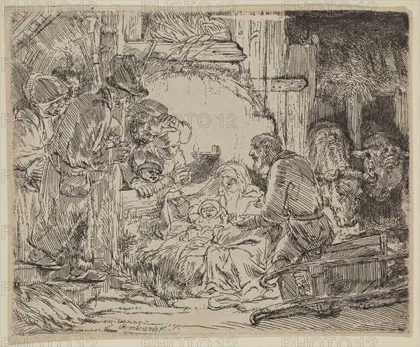 Rembrandt Harmensz van Rijn, Dutch, 1606-1669, Adoration of the Shepherds, ca. 1654, etching printed in black ink on laid paper, Plate: 4 1/8 × 5 1/8 inches (10.5 × 13 cm)