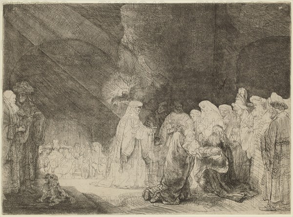 Rembrandt Harmensz van Rijn, Dutch, 1606-1669, Presentation in the Temple, ca. 1639, etching printed in black ink on laid paper, Sheet (trimmed within platemark): 8 1/2 × 11 1/2 inches (21.6 × 29.2 cm)