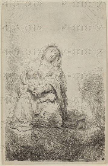 Rembrandt Harmensz van Rijn, Dutch, 1606-1669, Virgin and Child in the Clouds, 1641, etching and drypoint printed in black ink on laid paper, Plate: 6 1/2 × 4 1/8 inches (16.5 × 10.5 cm)