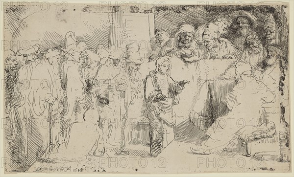 Rembrandt Harmensz van Rijn, Dutch, 1606-1669, Christ Disputing with the Doctors, 1652, etching and mezzotint printed in black ink on laid paper, Plate: 4 7/8 × 8 3/8 inches (12.4 × 21.3 cm)