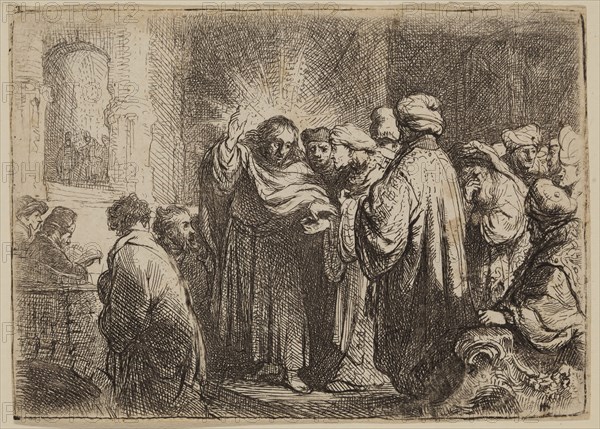 Rembrandt Harmensz van Rijn, Dutch, 1606-1669, Tribute Money, ca. 1635, etching printed in black ink on laid paper, Plate: 2 7/8 × 4 inches (7.3 × 10.2 cm)