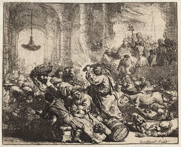 Rembrandt Harmensz van Rijn, Dutch, 1606-1669, Christ Driving the Money Changers from the Temple, 1635, etching printed in black ink on laid paper, Sheet (trimmed within platemark): 5 3/8 × 6 1/2 inches (13.7 × 16.5 cm)