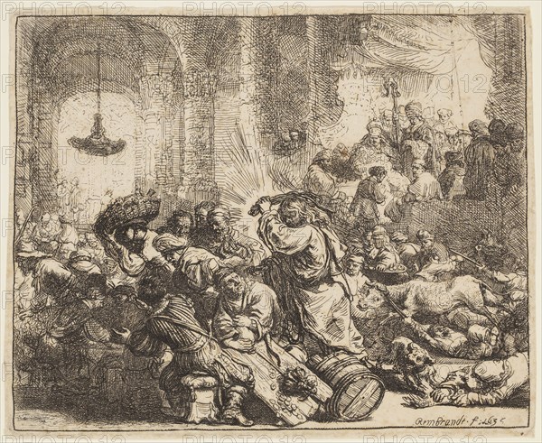 Rembrandt Harmensz van Rijn, Dutch, 1606-1669, Christ Driving the Money Changers from the Temple, 1635, etching printed in black ink on laid paper, Plate: 5 3/8 × 6 3/4 inches (13.7 × 17.1 cm)