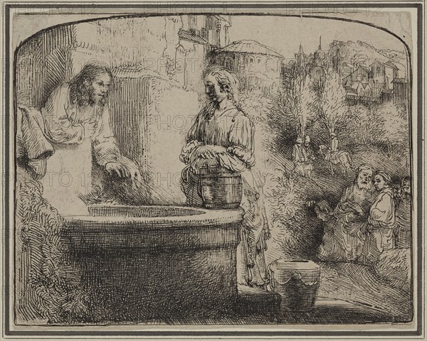 Rembrandt Harmensz van Rijn, Dutch, 1606-1669, Christ and the Woman of Samaria, 1657 or 1658, etching printed in black ink on laid paper, Sheet (trimmed within platemark): 5 × 6 1/4 inches (12.7 × 15.9 cm)