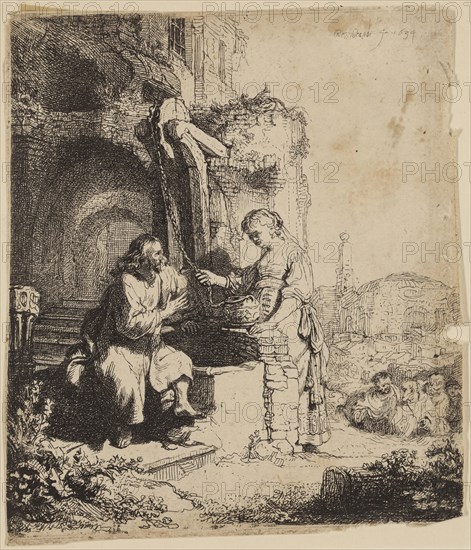 Rembrandt Harmensz van Rijn, Dutch, 1606-1669, Christ and the Woman of Samaria Among Ruins, 1634, etching printed in black ink on laid paper, Plate: 4 7/8 × 4 1/4 inches (12.4 × 10.8 cm)