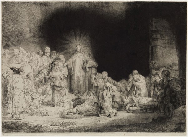 Rembrandt Harmensz van Rijn, Dutch, 1606-1669, Christ with the Sick around Him, Receiving Little Children, ca. 1649, etching and drypoint printed in black ink on laid paper, Plate: 11 × 15 1/2 inches (27.9 × 39.4 cm)