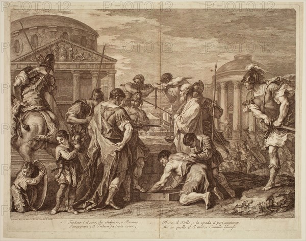 Francesco Bartolozzi, Italian, 1727-1815, after Sebastiano Ricci, Italian, 1659-1734, Dictator Camillus Coming to Deliver Rome Oppressed by Brennus, between 1727 and 1815, etching and engraving printed in brown ink on laid paper, Plate: 17 1/8 × 22 1/4 inches (43.5 × 56.5 cm)