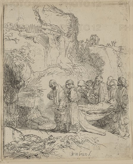 Rembrandt Harmensz van Rijn, Dutch, 1606-1669, Christ Carried to the Tomb, between 1606 and 1669, etching printed in black ink on laid paper, Plate: 5 1/8 × 4 1/8 inches (13 × 10.5 cm)
