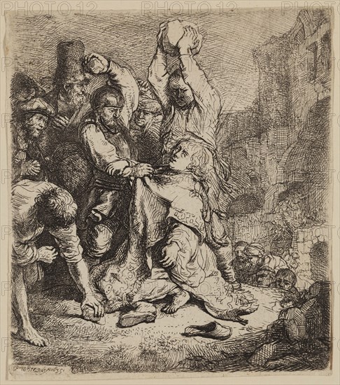 Rembrandt Harmensz van Rijn, Dutch, 1606-1669, Stoning of Saint Stephen, 1635, etching printed in black ink on laid paper, Plate: 3 3/4 × 3 3/8 inches (9.5 × 8.6 cm)