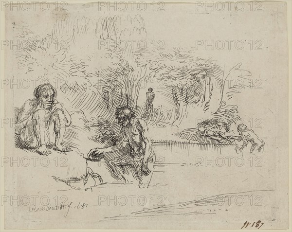 Rembrandt Harmensz van Rijn, Dutch, 1606-1669, Bathers, 1651, etching printed in black ink on laid paper, Plate: 4 1/4 × 5 3/8 inches (10.8 × 13.7 cm)